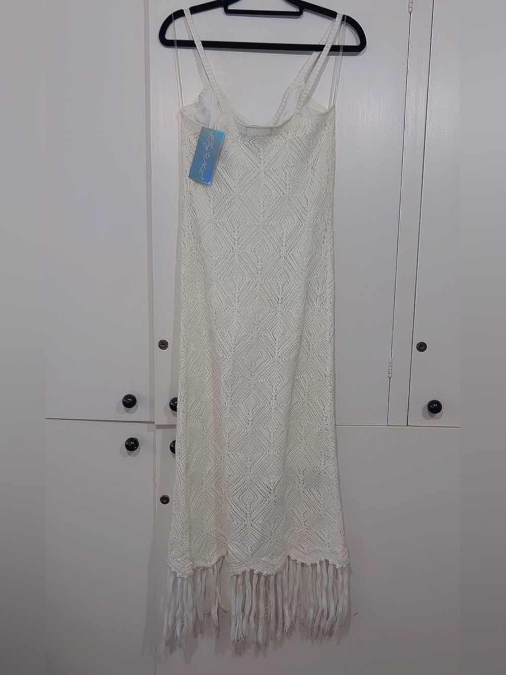 PilyQ White Crochet Fringe Maxi Dress Cover Up Boho Beach Resort Size M - Picture 8 of 9